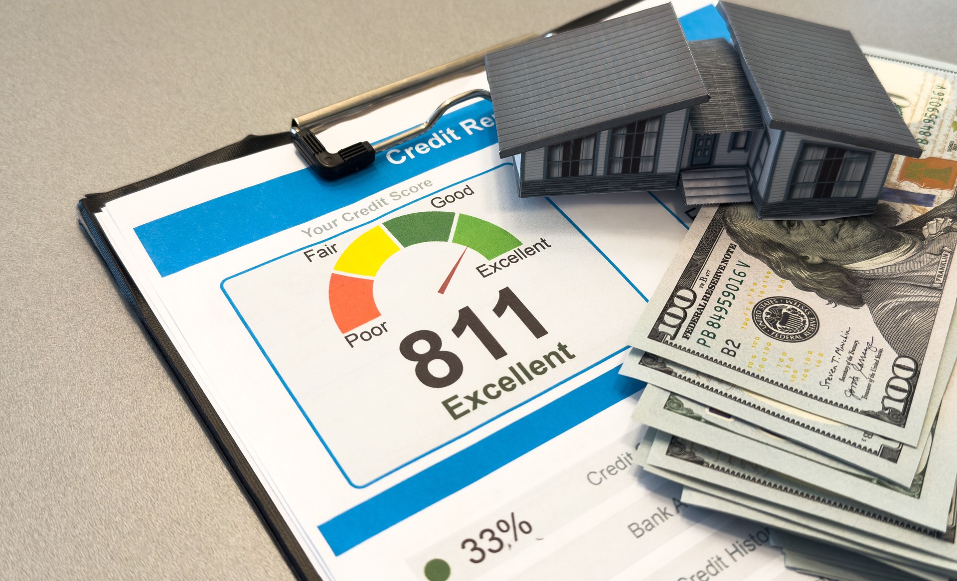 Credit score, report, rating and contract - documents on the table.