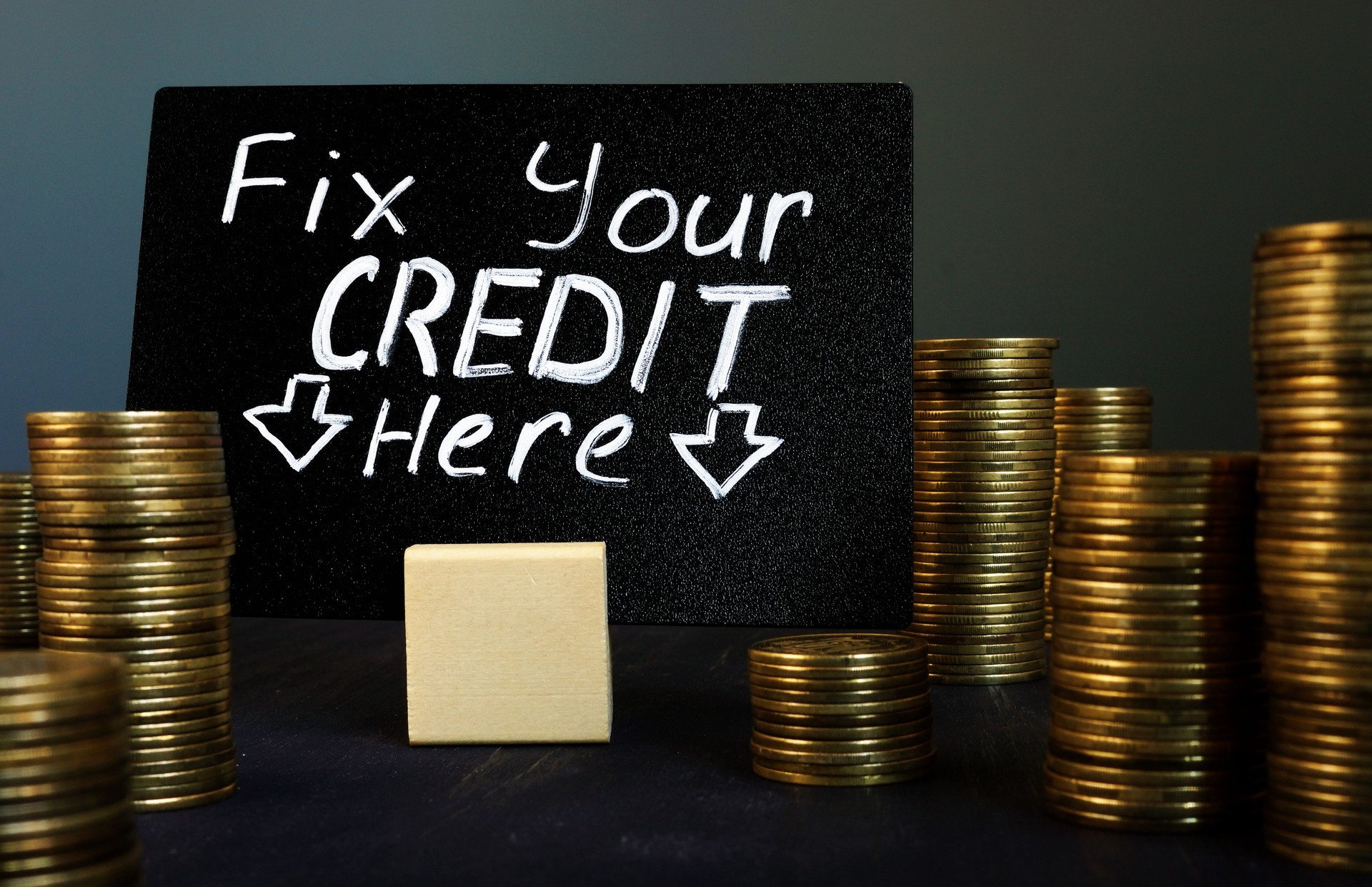 Fix your credit here handwritten sign and money.